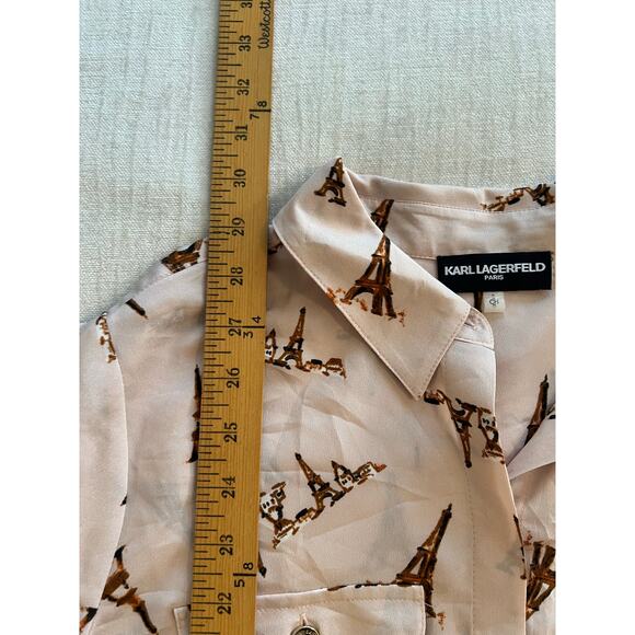 Karl Lagerfeld Paris Eiffel Tower Print Pink Button Down Long Sleeve Blouse - S - Picture 7 of 8